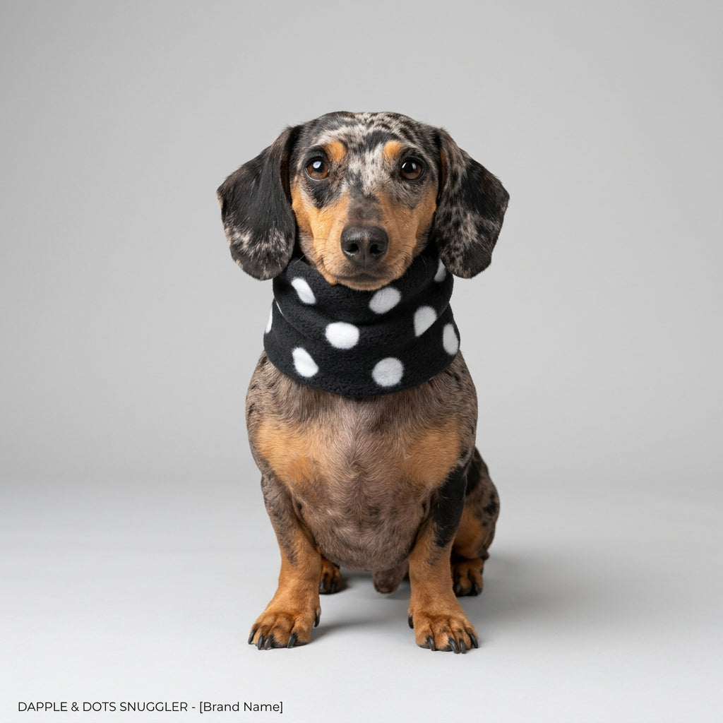 A dachshund wearing a black fleece snood with a pattern of white polka dots.