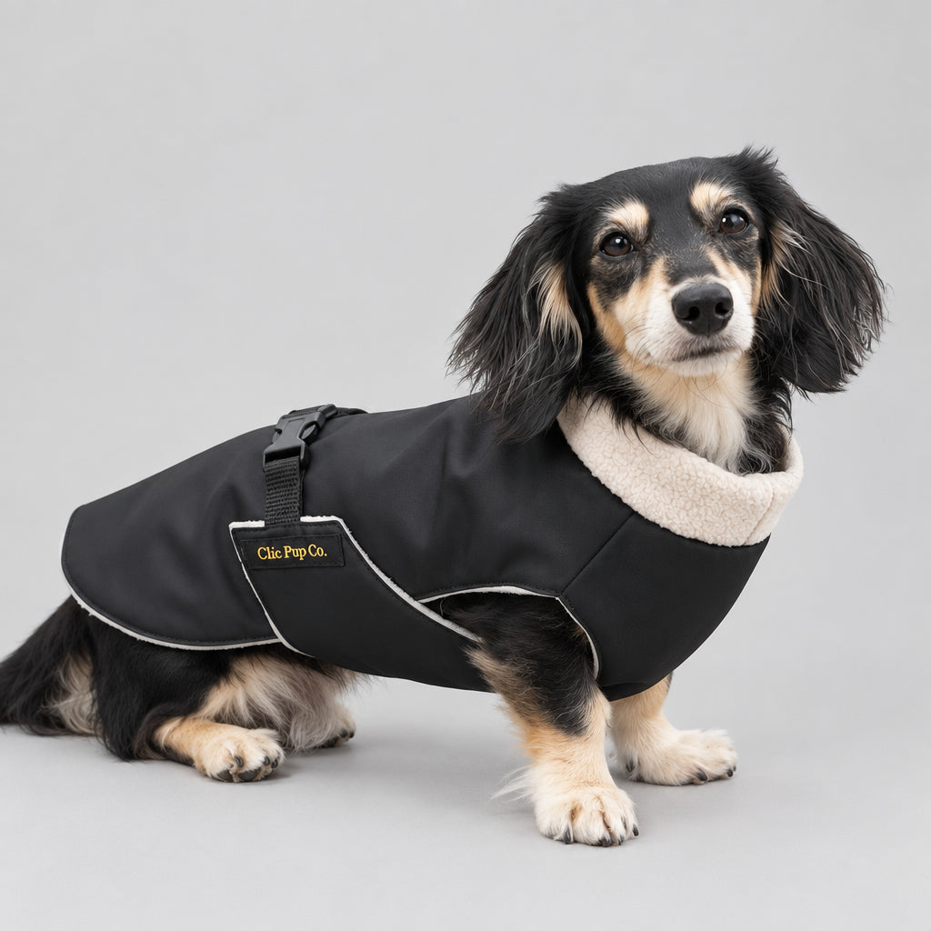 Dog wearing a black coat on a sidewalk with grass in the background