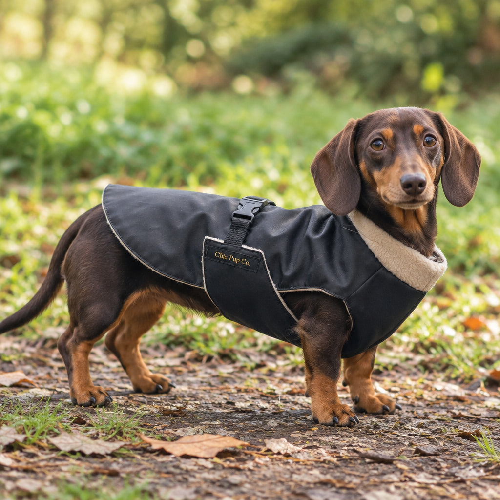 Dog wearing a black coat standing on a patio with a grassy area and wooden fence in the background.