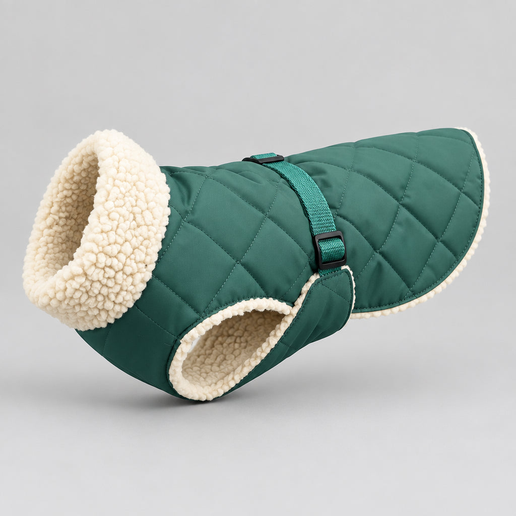 Dog wearing a green quilted coat with white fur trim outdoors on a paved surface.