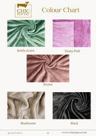Color chart with fabric swatches labeled 'Bottle Green', 'Dusty Pink', 'Brown', 'Mushroom', and 'Black' from Chic Pup Co.