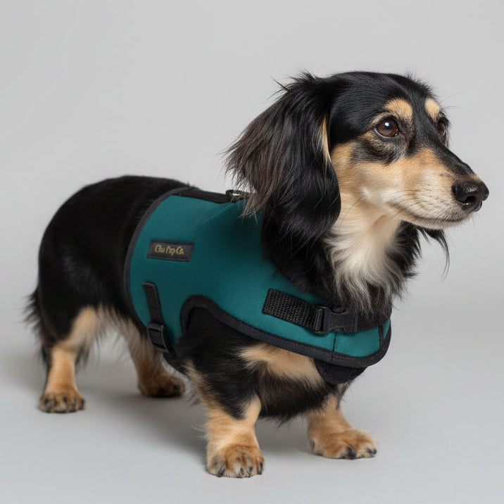 Small dog wearing a teal no rub waterproof harness on a sidewalk