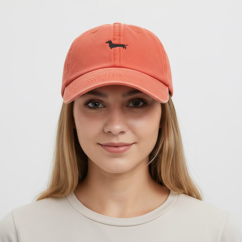 Red cap with a small black dog illustration on a brown surface