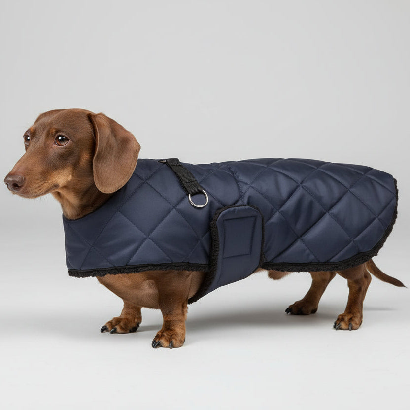 Dog wearing a blue quilted coat standing on grass