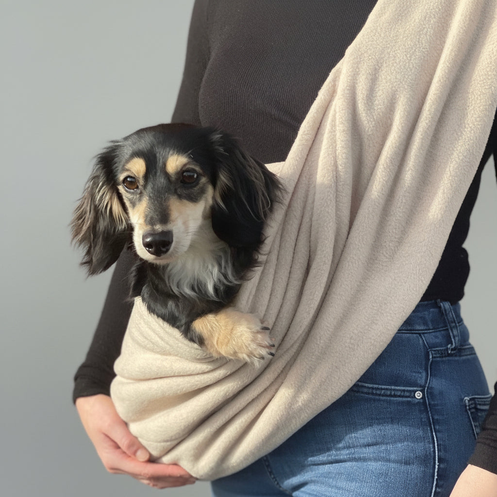 A person carrying a Dachshund dog in a beige-colored sling carrier.