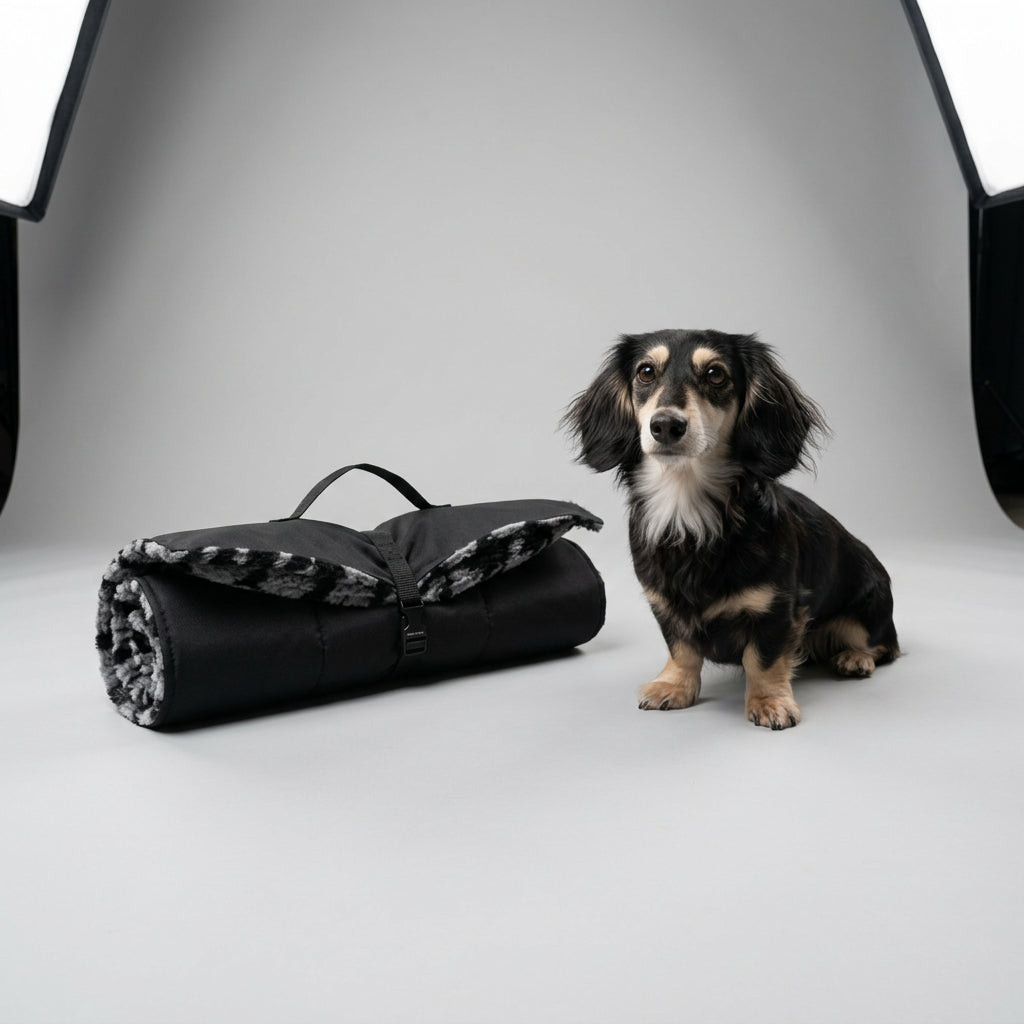 A small black and tan dachshund sits beside a rolled black dog blanket with a gray and white patterned underside, photographed in a studio setting.