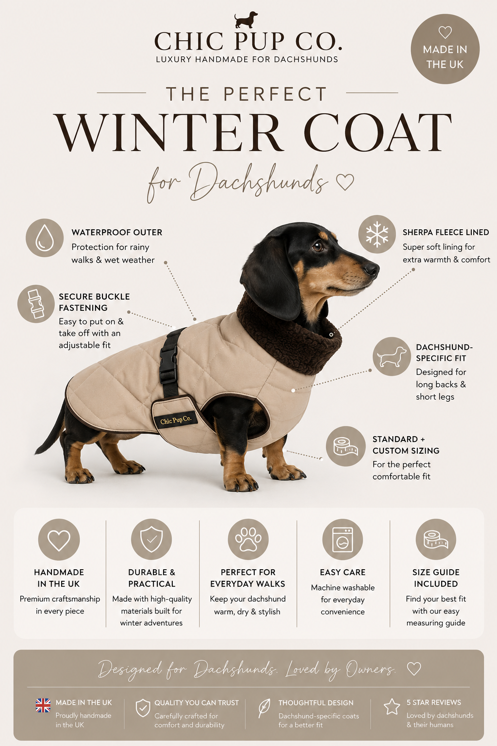 Waterproof sherpa lined dachshund winter coat