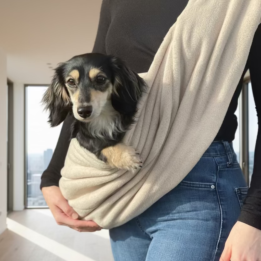 dachshund dog in a beige sling