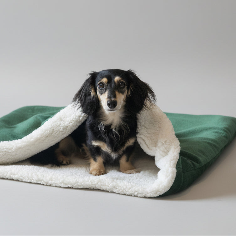 Dachshund relaxing inside a cosy snuggle sack bed