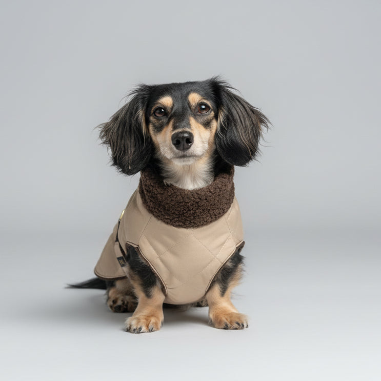 Small dog wearing a beige coat standing on a patio with grass in the background