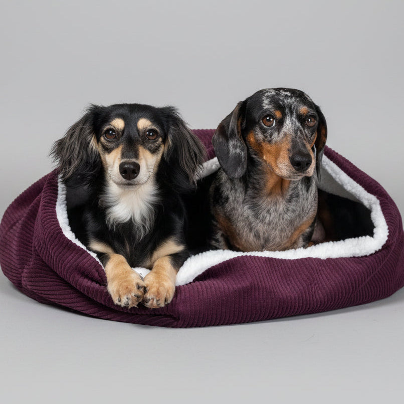 Two dogs, one black and one with a brown and white coat, sitting inside a purple corduroy pet snuggle sack.