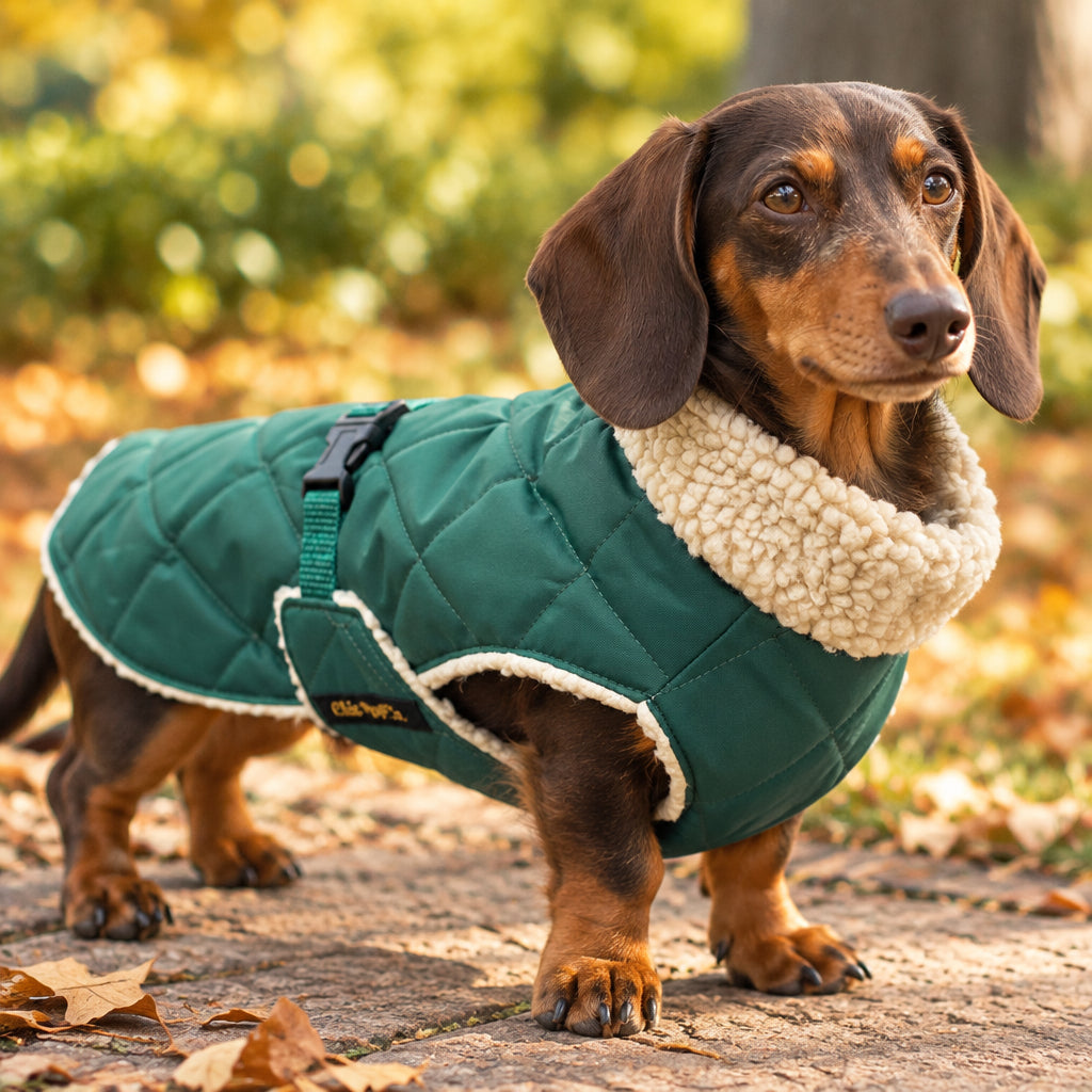 Dog wearing a green quilted coat with a fluffy collar on a paved surface.
