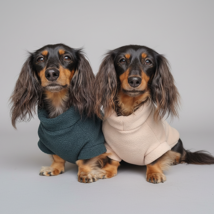 Two dachshunds wearing sweaters sitting on a bed.