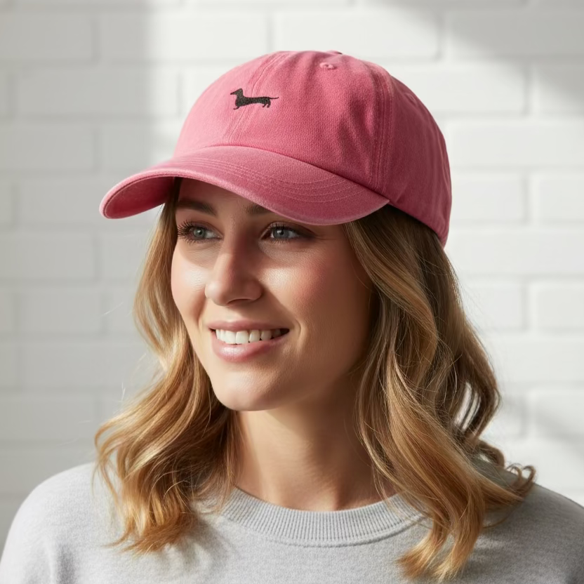A pink baseball cap with a black embroidered dachshund logo on the front, displayed on a brown textured surface.