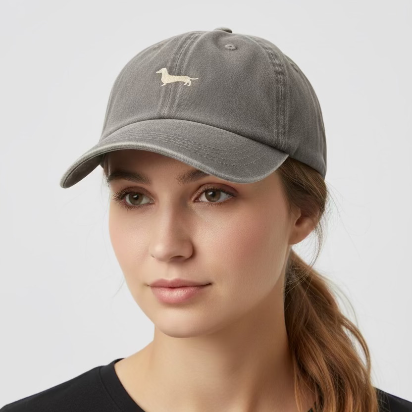 A washed brown baseball cap featuring an embroidered dachshund logo on the front, displayed on a textured tan surface.