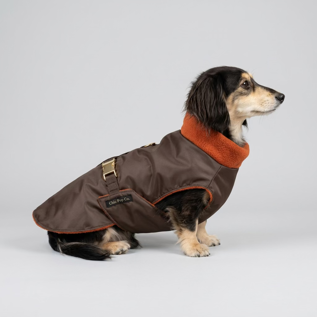 A small black and white dachshund wearing a brown dog coat with an orange collar, standing on a wooden floor in a shop interior.