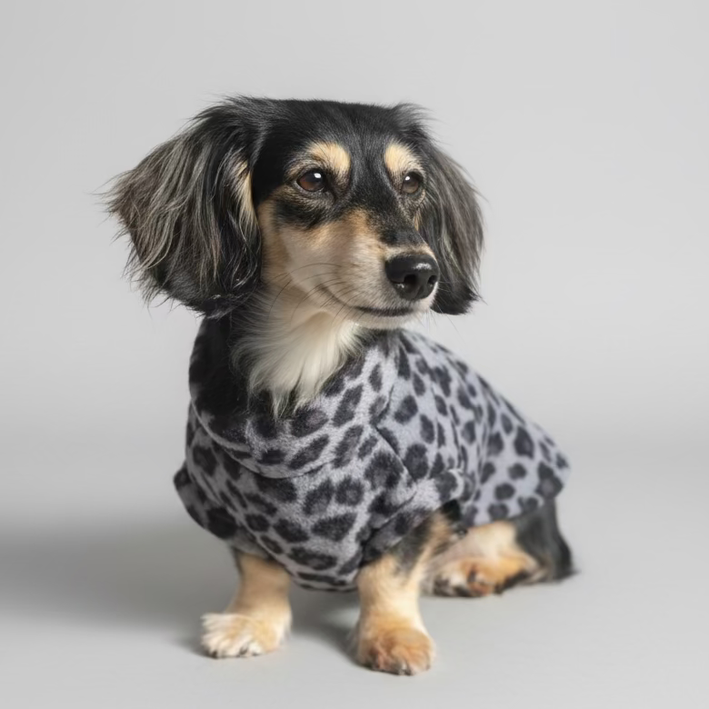 A Dachshund wearing a leopard print fleece jumper with the hood on, sitting on a outdoor floor.