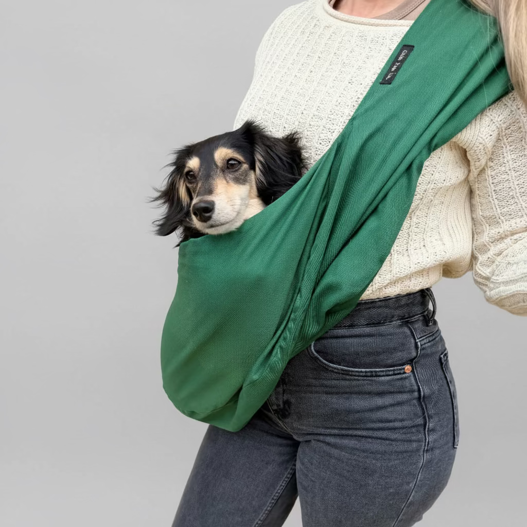 A person wearing a cream knit sweater and dark gray jeans carries a small black and tan dachshund dog in a green fabric pet sling against a brick wall background.