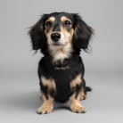 Dog wearing a harness with text standing on a pavement in front of a brick wall.