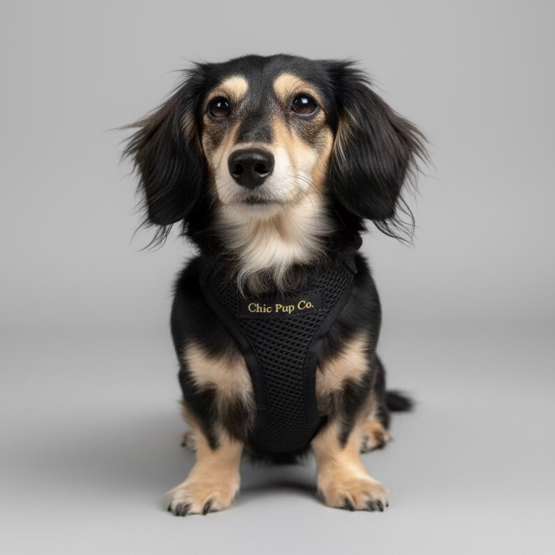 Dog wearing a harness with text standing on a pavement in front of a brick wall.