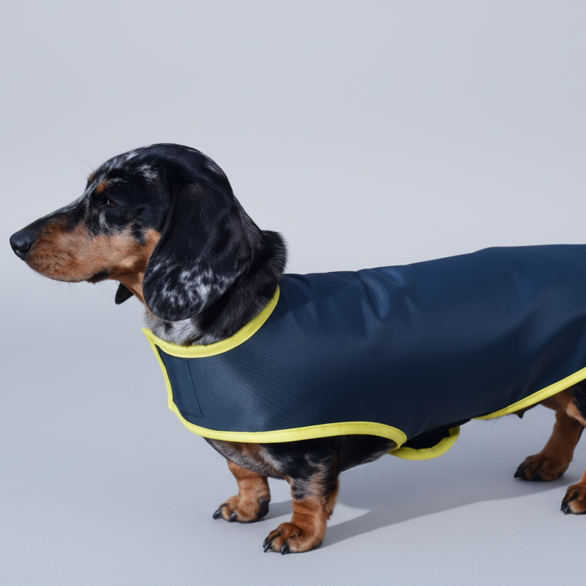 dachshund in a waterproof lightweight coat