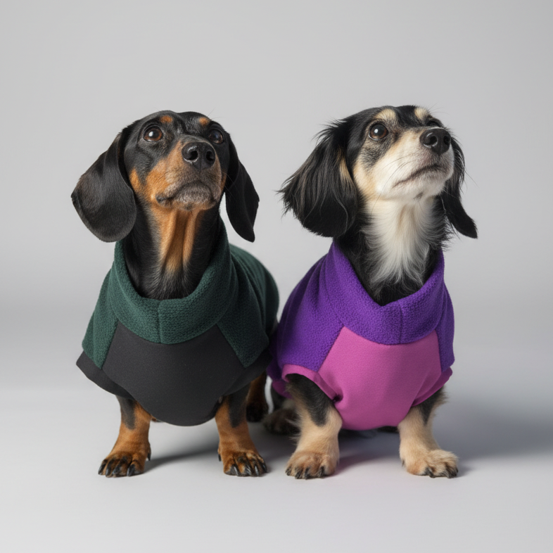 Two dachshunds wearing colorful waterproof tummy jumpers. One is in a green jumper and the other in a purple one, standing on a wooden structure.