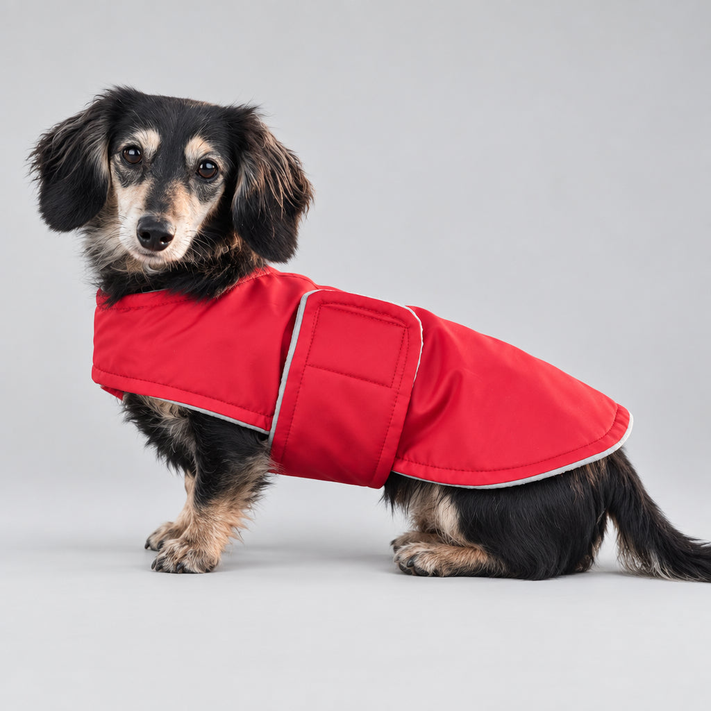 A dachshund wearing a bright red dog coat with white trim, photographed against a neutral light gray studio background.